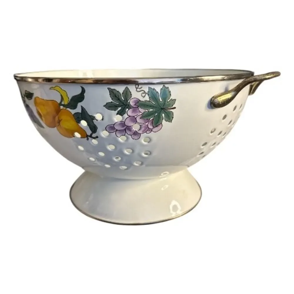 Vintage Porcelain Enamel Lined Fruit Print Colander by Tabletops Unlimited